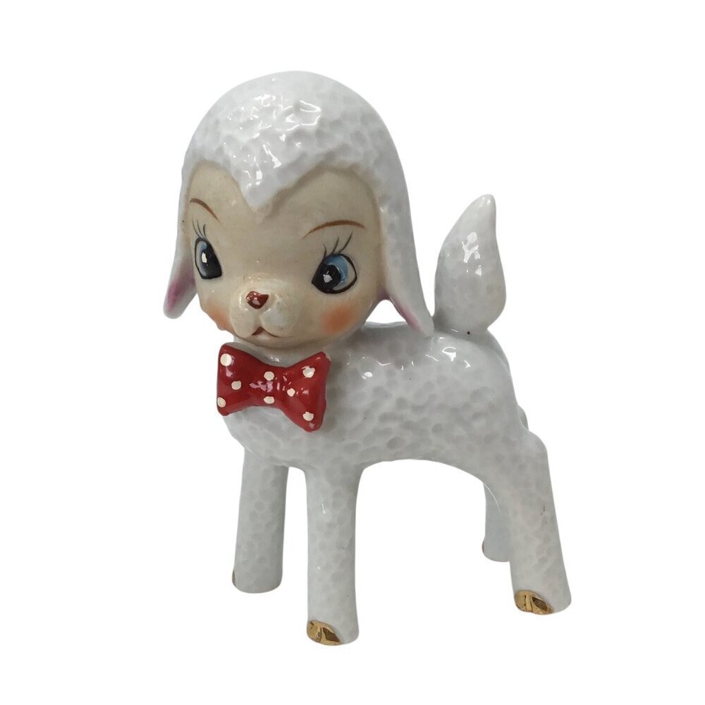 Vintage Athropomorphic White Lamb Red Bow Tie Figure Figurine Japan MCM 50s 60s